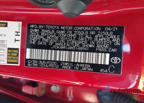 2021 Toyota Prius Le from USA, damaged, VIN JTDKAMFU4M3148941